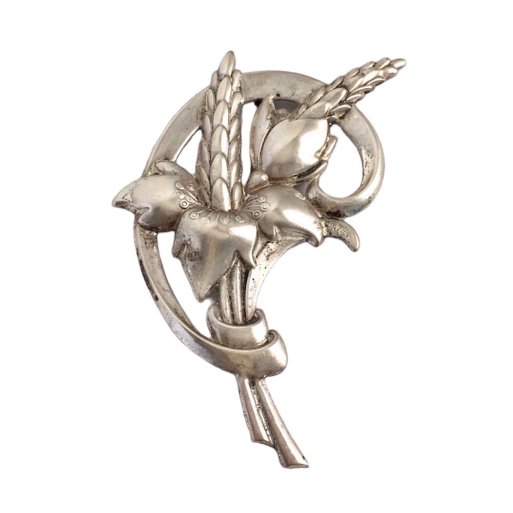 Art Deco Sterling Silver Brooch Vintage Flower Spray Pin Fall Cornucopia 40s 50s